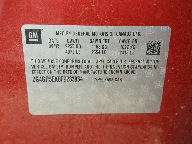 2G4GP5EX8F9283934 - 2015 BUICK REGAL PREM RED photo 10