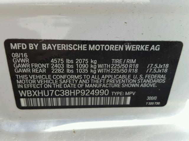 WBXHU7C38HP924990 - 2017 BMW X1 SDRIVE2 WHITE photo 10