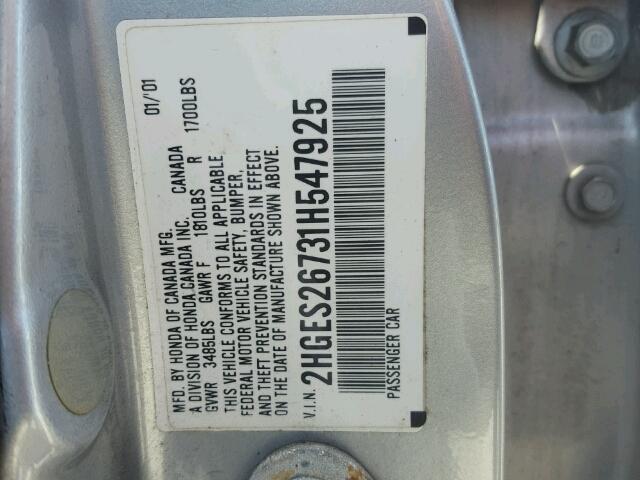 2HGES26731H547925 - 2001 HONDA CIVIC EX SILVER photo 10