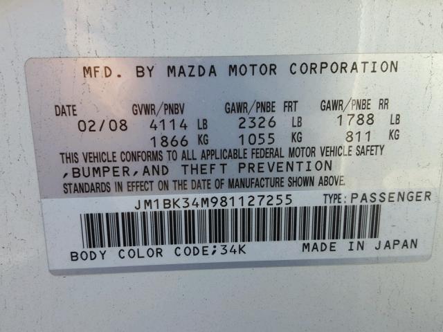 JM1BK34M981127255 - 2008 MAZDA SPEED 3 白色 照片 10