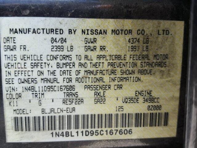 1N4BL11D95C167606 - 2005 NISSAN ALTIMA SE GRAY photo 10