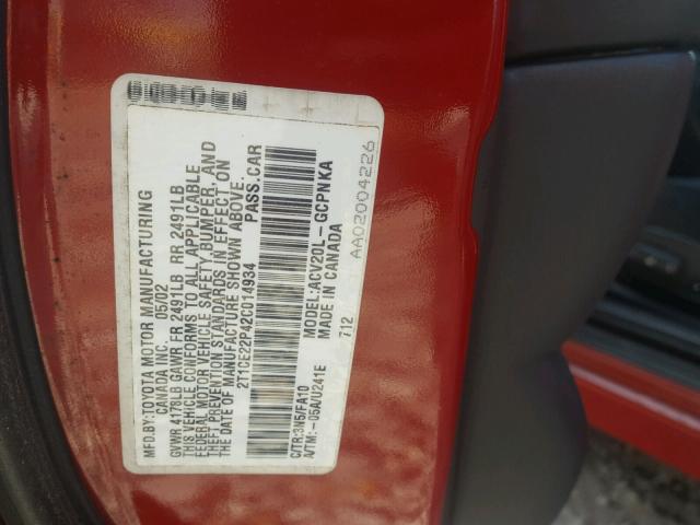 2T1CE22P42C014934 - 2002 TOYOTA CAMRY SOLA RED photo 10
