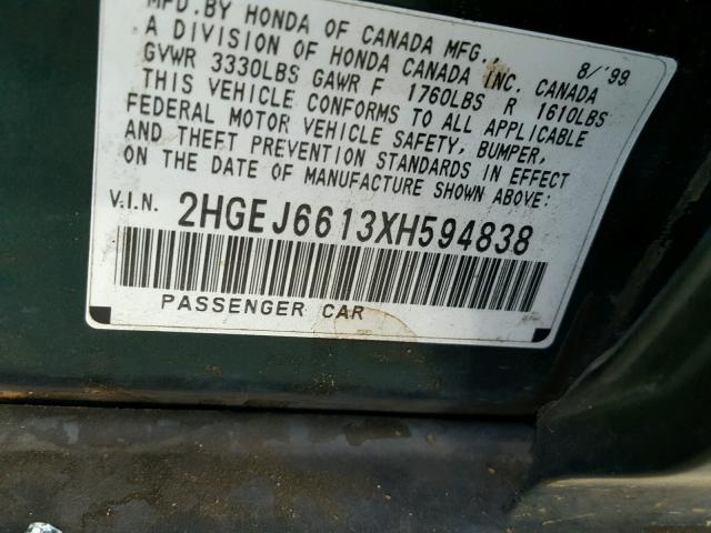 2HGEJ6613XH594838 - 1999 HONDA CIVIC BASE Yaşıl foto 10