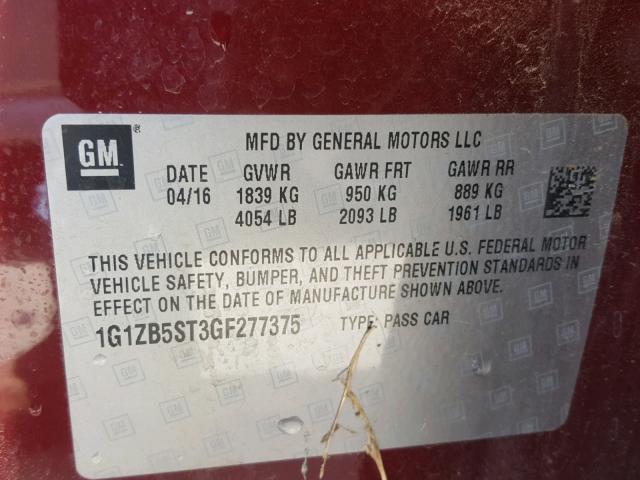 1G1ZB5ST3GF277375 - 2016 CHEVROLET MALIBU LS ბურგუნდია ფოტო 10