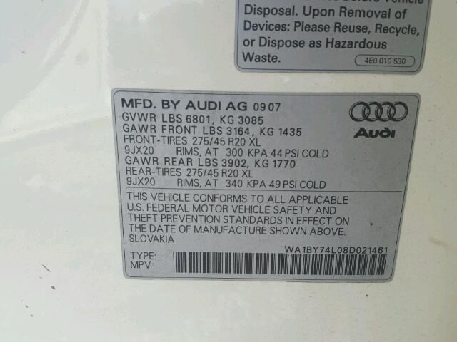 WA1BY74L08D021461 - 2008 AUDI Q7 3.6 QUA WHITE photo 10