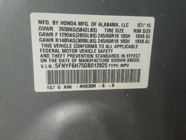 5FNYF6H75GB012825 - 2016 HONDA PILOT EXLN SILVER photo 10