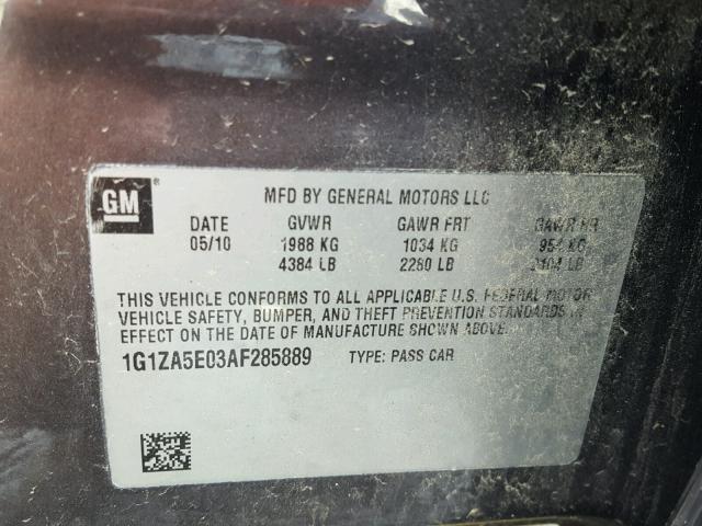 1G1ZA5E03AF285889 - 2010 CHEVROLET MALIBU LS Boz foto 10