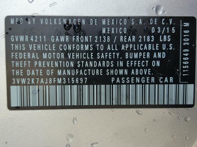 3VW2K7AJ8FM315697 - 2015 VOLKSWAGEN JETTA BASE Արծաթագույն լուսանկար 10
