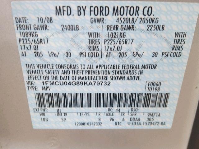 1FMCU04G89KA79732 - 2009 FORD ESCAPE LIM SILVER photo 10