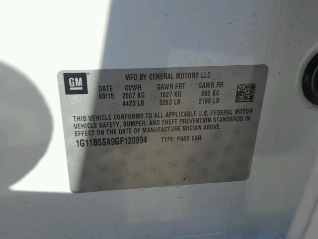 1G11B5SA9GF120994 - 2016 CHEVROLET MALIBU LIM 白色 照片 10