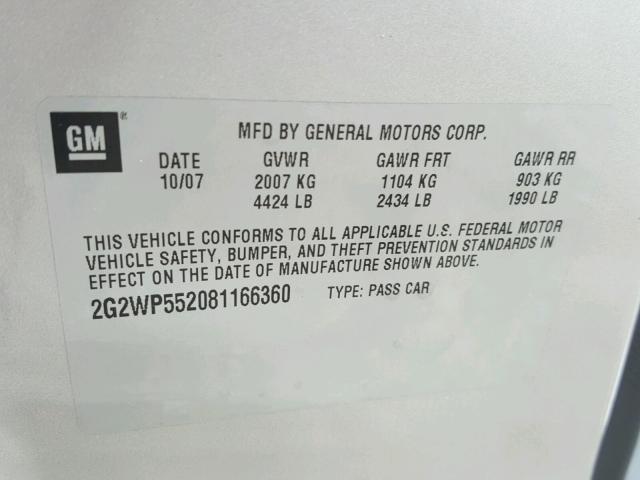 2G2WP552081166360 - 2008 PONTIAC GRAND PRIX Gümüş foto 10