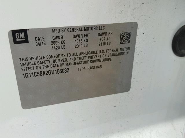 1G11C5SA2GU156082 - 2016 CHEVROLET MALIBU LIM WHITE photo 10