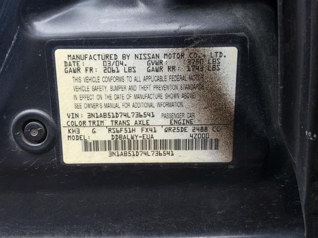 3N1AB51D74L736541 - 2004 NISSAN SENTRA SE- BLACK photo 10