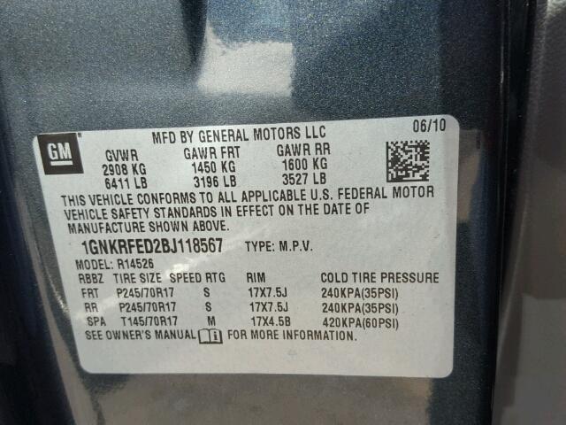 1GNKRFED2BJ118567 - 2011 CHEVROLET TRAVERSE L CHARCOAL photo 10