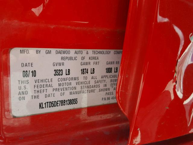 KL1TD5DE7BB138055 - 2011 CHEVROLET AVEO LS RED photo 10