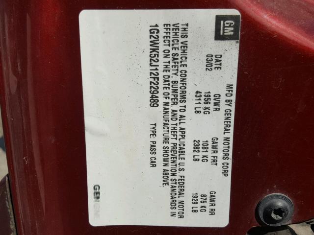 1G2WK52J12F229489 - 2002 PONTIAC GRAND PRIX BURGUNDY photo 10