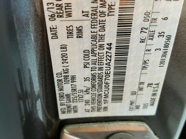 1FMCU0F70EUA22744 - 2014 FORD ESCAPE S GRAY photo 10