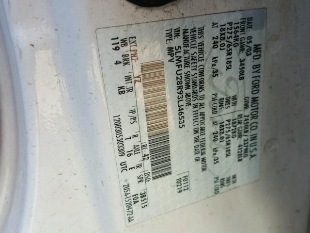 5LMFU28R93LJ46535 - 2003 LINCOLN NAVIGATOR WHITE photo 10