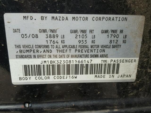 JM1BK323081166147 - 2008 MAZDA 3 S BLACK photo 10