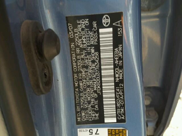 JTDKB20U377634258 - 2007 TOYOTA PRIUS BLUE photo 10