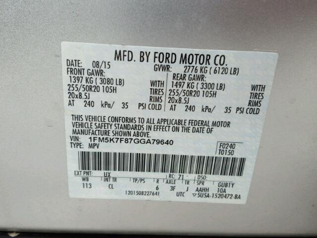 1FM5K7F87GGA79640 - 2016 FORD EXPLORER L 银色 照片 10