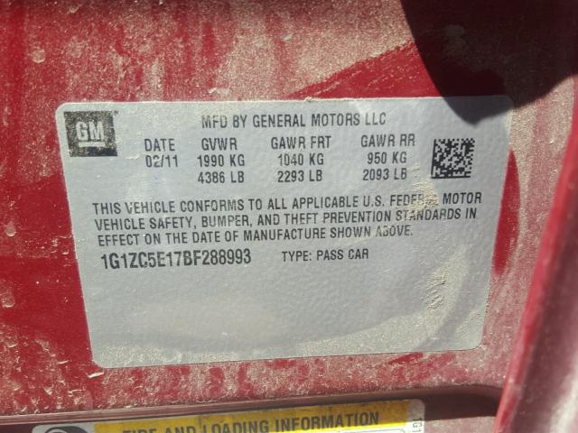 1G1ZC5E17BF288993 - 2011 CHEVROLET MALIBU 1LT RED photo 10