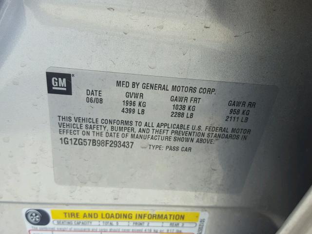 1G1ZG57B98F293437 - 2008 CHEVROLET MALIBU LS 银色 照片 10