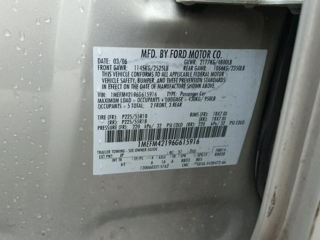 1MEFM42196G615916 - 2006 MERCURY MONTEGO PR 银色 照片 10