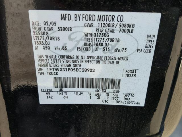 1FTWX31P05EC28903 - 2005 FORD F350 SRW S BLACK photo 10