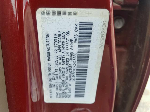 1Y1SK5283XZ418380 - 1999 CHEVROLET GEO PRIZM 勃艮第红 照片 10