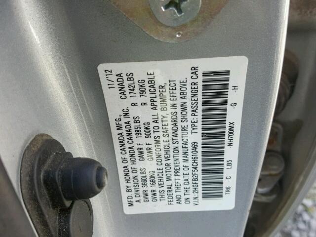 2HGFB2F54CH610469 - 2012 HONDA CIVIC LX SILVER photo 10