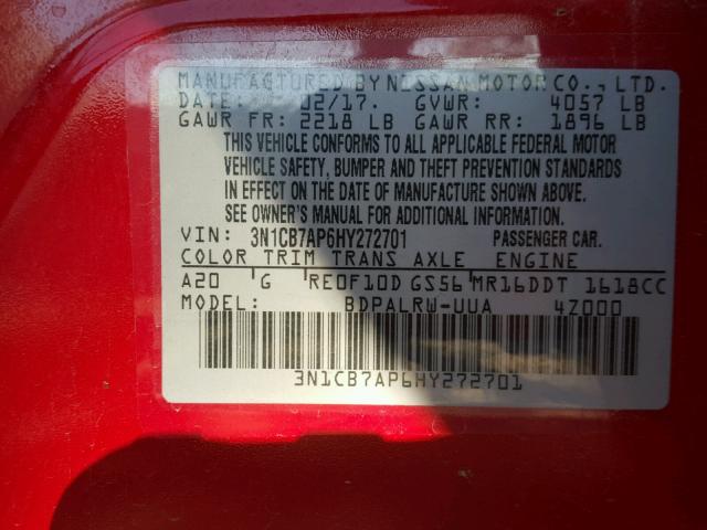 3N1CB7AP6HY272701 - 2017 NISSAN SENTRA SR RED photo 10