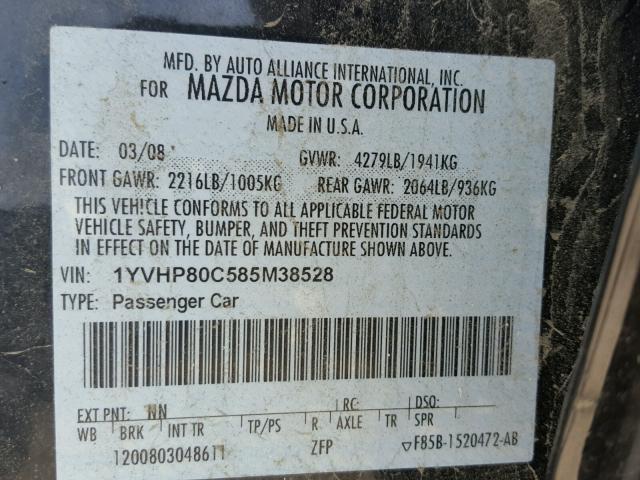 1YVHP80C585M38528 - 2008 MAZDA 6 I Qara foto 10