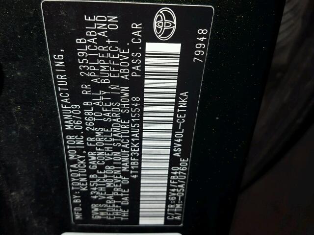 4T1BF3EK1AU515548 - 2010 TOYOTA CAMRY BASE GREEN photo 10