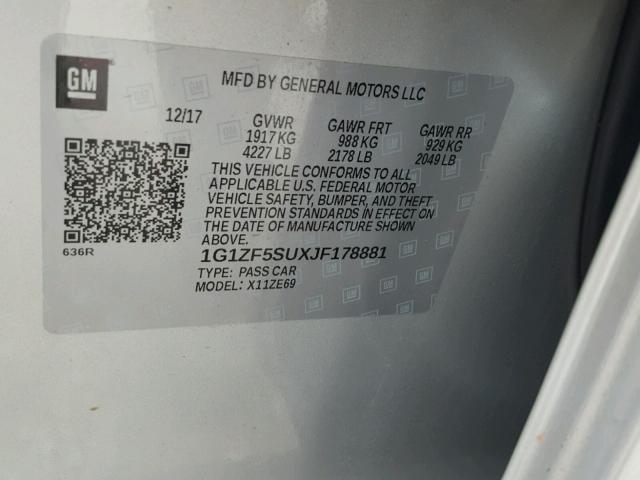 1G1ZF5SUXJF178881 - 2018 CHEVROLET MALIBU HYB SILVER photo 10