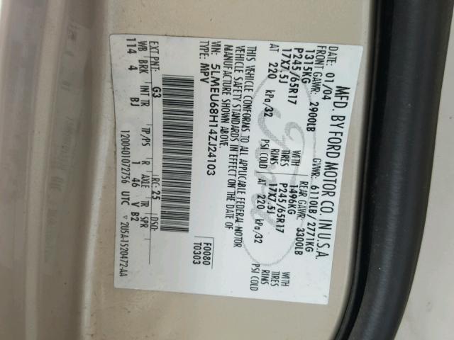 5LMEU68H14ZJ24103 - 2004 LINCOLN AVIATOR 金色 照片 10