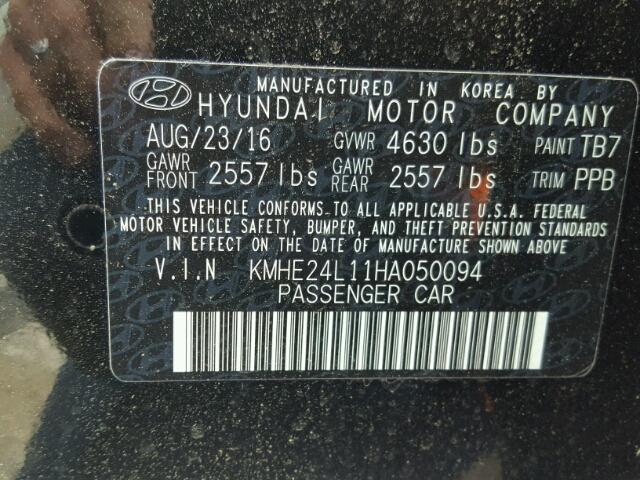 KMHE24L11HA050094 - 2017 HYUNDAI SONATA BLACK photo 10