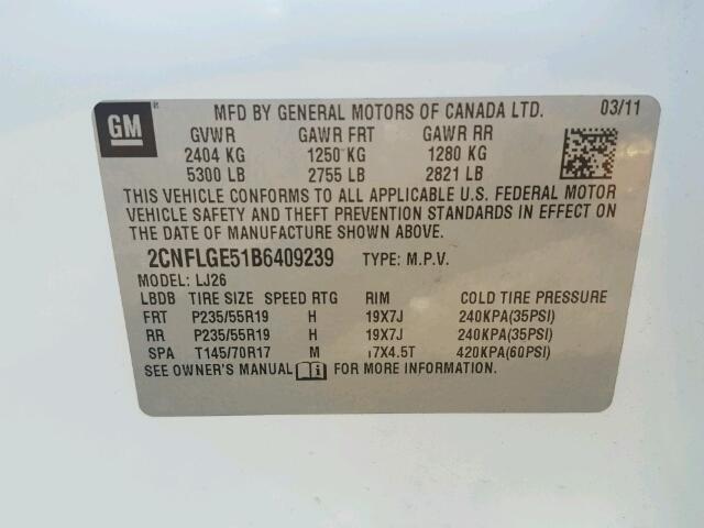 2CNFLGE51B6409239 - 2011 CHEVROLET EQUINOX LT WHITE photo 10