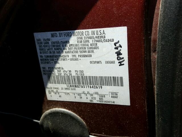 1LNHM87A51Y642619 - 2001 LINCOLN LS 栗色 照片 10