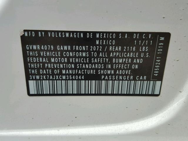3VW2K7AJXCM354044 - 2012 VOLKSWAGEN JETTA BASE 白色 照片 10