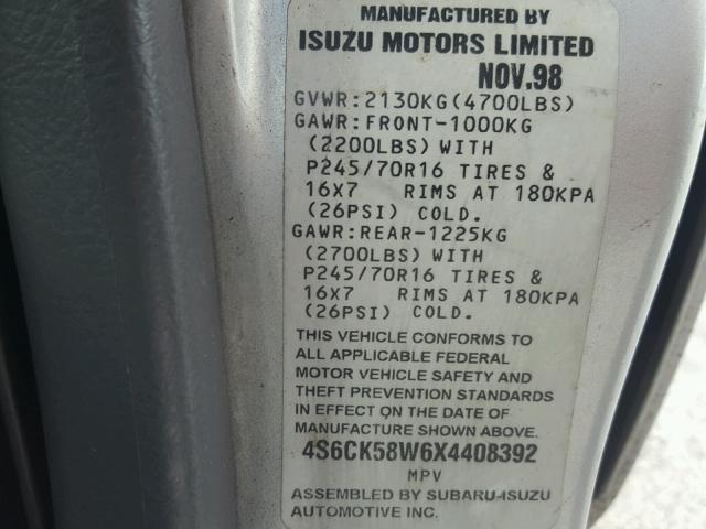 4S6CK58W6X4408392 - 1999 HONDA PASSPORT E SILVER photo 10