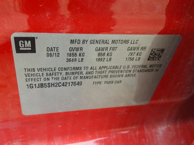 1G1JB5SH2C4217649 - 2012 CHEVROLET SONIC LS RED photo 10