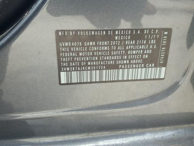 3VW2K7AJ6CM351724 - 2012 VOLKSWAGEN JETTA BASE Մոխրագույն լուսանկար 10