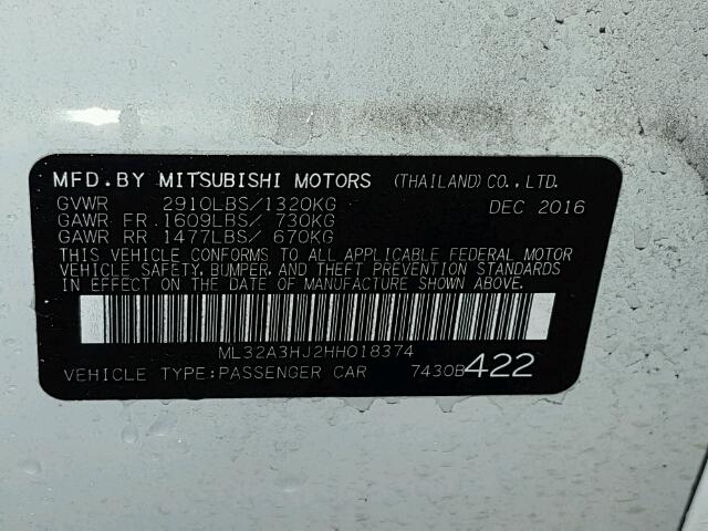 ML32A3HJ2HH018374 - 2017 MITSUBISHI MIRAGE WHITE photo 10