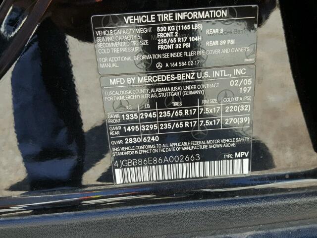 4JGBB86E86A002663 - 2006 MERCEDES-BENZ ML BLACK photo 10