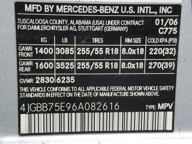 4JGBB75E96A082616 - 2006 MERCEDES-BENZ ML 500 SILVER photo 10