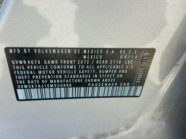 3VW2K7AJ1EM320660 - 2014 VOLKSWAGEN JETTA BASE 银色 照片 10