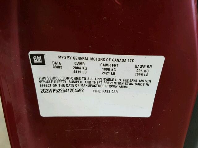 2G2WP522641204592 - 2004 PONTIAC GRAND PRIX MAROON photo 10
