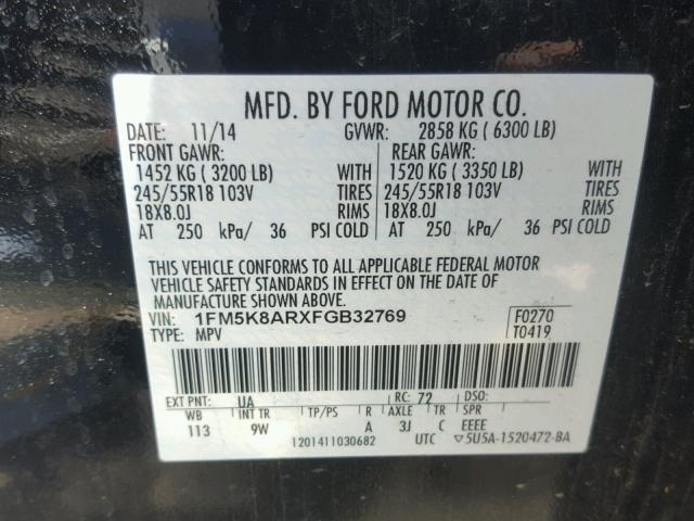 1FM5K8ARXFGB32769 - 2015 FORD EXPLORER P BLACK photo 10