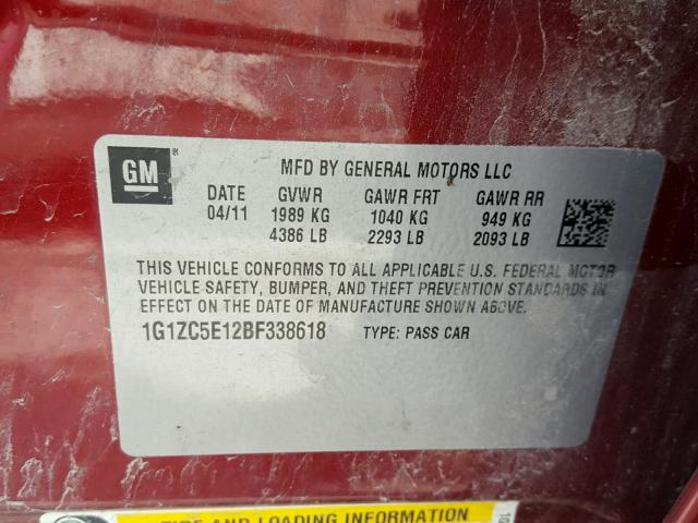 1G1ZC5E12BF338618 - 2011 CHEVROLET MALIBU 1LT 红色 照片 10